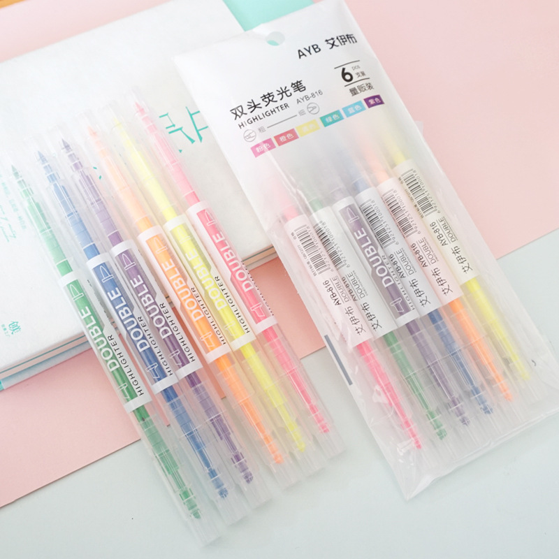 Double-Headed Fluorescent 6-Pack Multi-Color Pen Student Exam Review Focus Marker Oblique Head Graffiti Color Hand Account Pen
