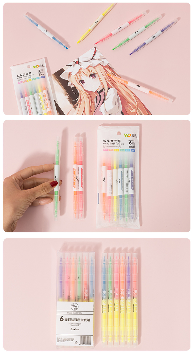 Fluorescent Pen Small Double-Headed Marking Pen Color Light Candy Color Flash Pen Fluorescent Marker 6 Color Rough Stroke Key