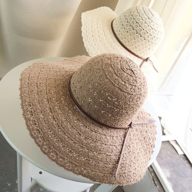 Korean Style New Summer Hollow Lace Straw Hat Wide Brim Sun Shade Vacation Sun-Proof Beach Hat Simple Paper Bow Hat