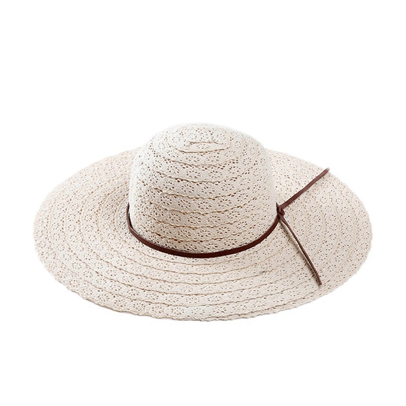 Korean Style New Summer Hollow Lace Straw Hat Wide Brim Sun Shade Vacation Sun-Proof Beach Hat Simple Paper Bow Hat