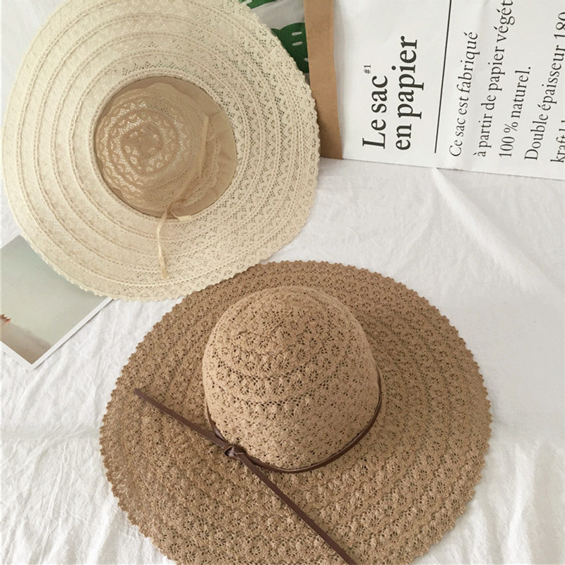 Korean Style New Summer Hollow Lace Straw Hat Wide Brim Sun Shade Vacation Sun-Proof Beach Hat Simple Paper Bow Hat Korean Style New Summer Hollow Lace Straw Hat Wide Brim Sun Shade Vacation Sun-Proof Beach Hat Simple Paper Bow Hat