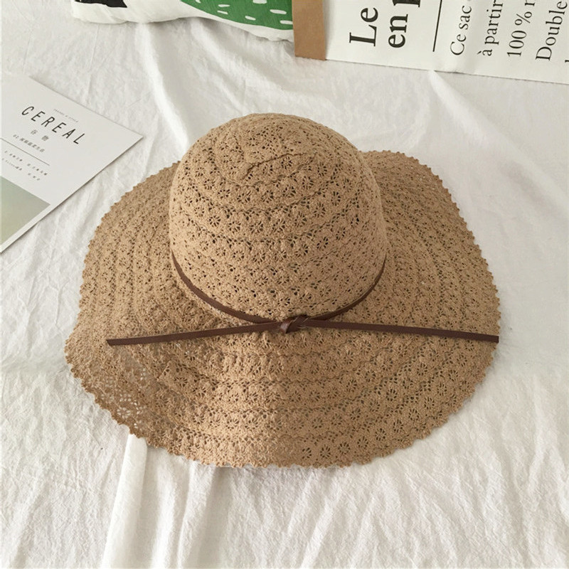 Korean Style New Summer Hollow Lace Straw Hat Wide Brim Sun Shade Vacation Sun-Proof Beach Hat Simple Paper Bow Hat Korean Style New Summer Hollow Lace Straw Hat Wide Brim Sun Shade Vacation Sun-Proof Beach Hat Simple Paper Bow Hat
