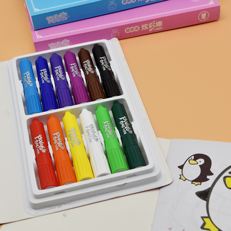 SOURCE C12 Color Magic Marker Pen Rotating Brush Silky Wax Crayon Oil Pastels Children&#039;s Painting Stick Washable
