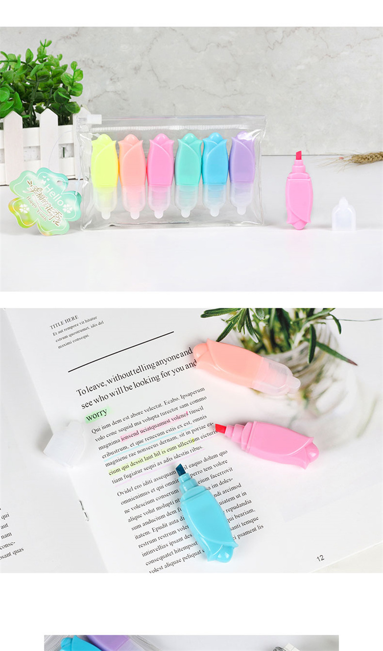 Fresh Flower Shape Mini Fluorescent Pen Children Student Color Rough Stroke Key Marker Graffiti Pen 6 Pack