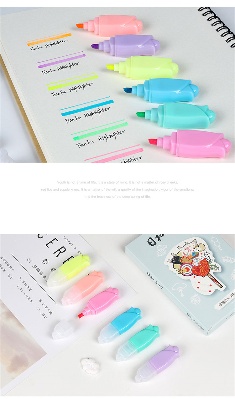 Fresh Flower Shape Mini Fluorescent Pen Children Student Color Rough Stroke Key Marker Graffiti Pen 6 Pack