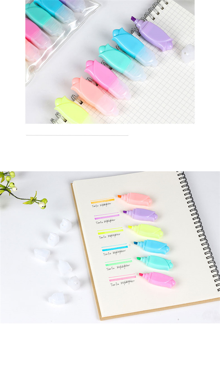 Fresh Flower Shape Mini Fluorescent Pen Children Student Color Rough Stroke Key Marker Graffiti Pen 6 Pack