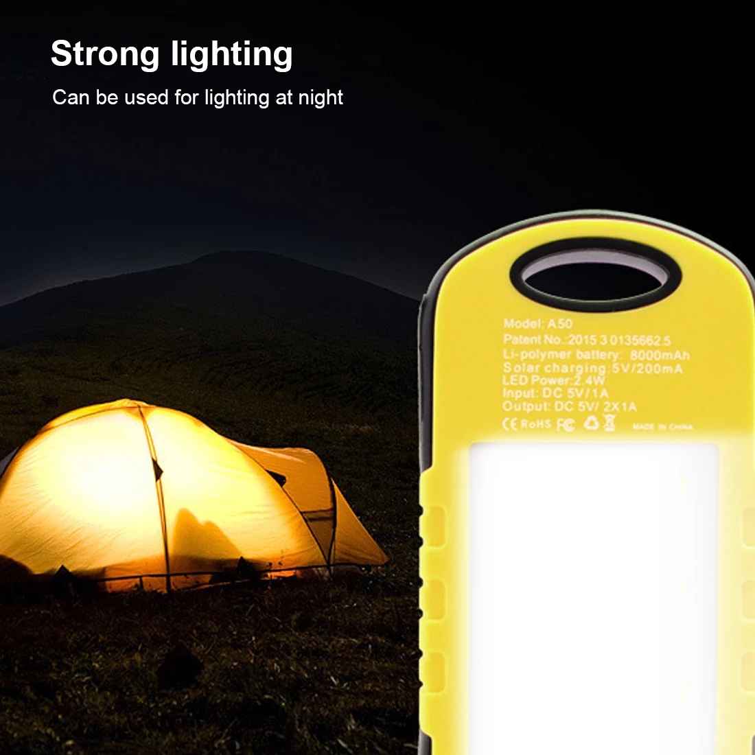 Power bank 10000mah portable solar energy with LED camping light waterproof mobile power bank