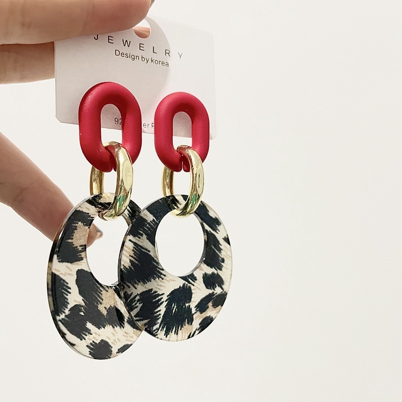 New Sterling Silver Needle Acrylic Geometric Leopard Print round Ring Earrings Women Korean Exaggerated Temperamental Internet Influencer All-Match Earrings