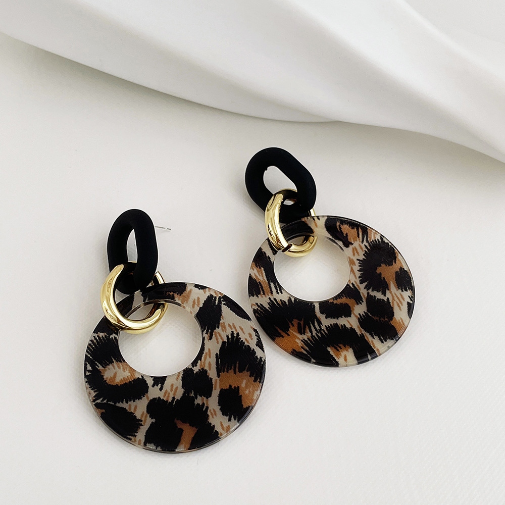 New Sterling Silver Needle Acrylic Geometric Leopard Print round Ring Earrings Women Korean Exaggerated Temperamental Internet Influencer All-Match Earrings
