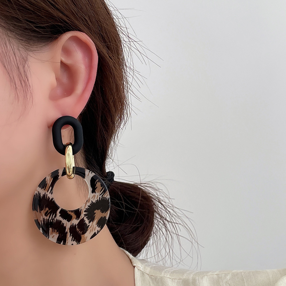 New Sterling Silver Needle Acrylic Geometric Leopard Print round Ring Earrings Women Korean Exaggerated Temperamental Internet Influencer All-Match Earrings