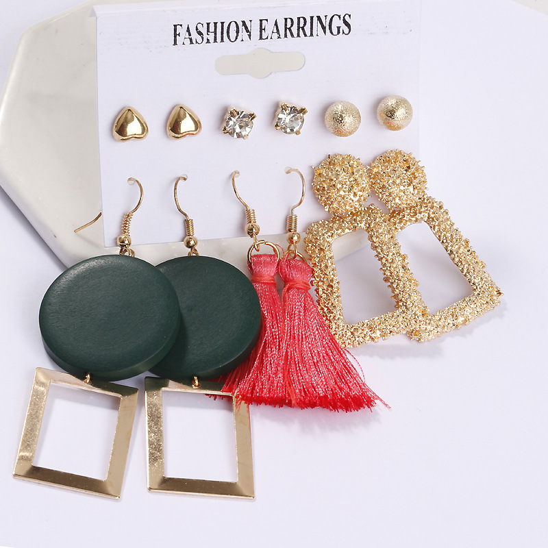 Cross-Border Accessories European and American Popular Earrings Geometric Metal Acrylic Plate Tassel Earings Set Ornament Wholesale