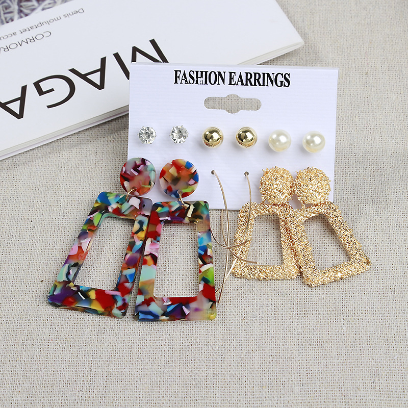 Cross-Border Accessories European and American Popular Earrings Geometric Metal Acrylic Plate Tassel Earings Set Ornament Wholesale