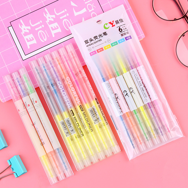 Korean Creative Double-Headed Two-Color Fluorescent Pen 6-Piece Student Stationery Sentence Marking Pen Color Oblique Head Marker