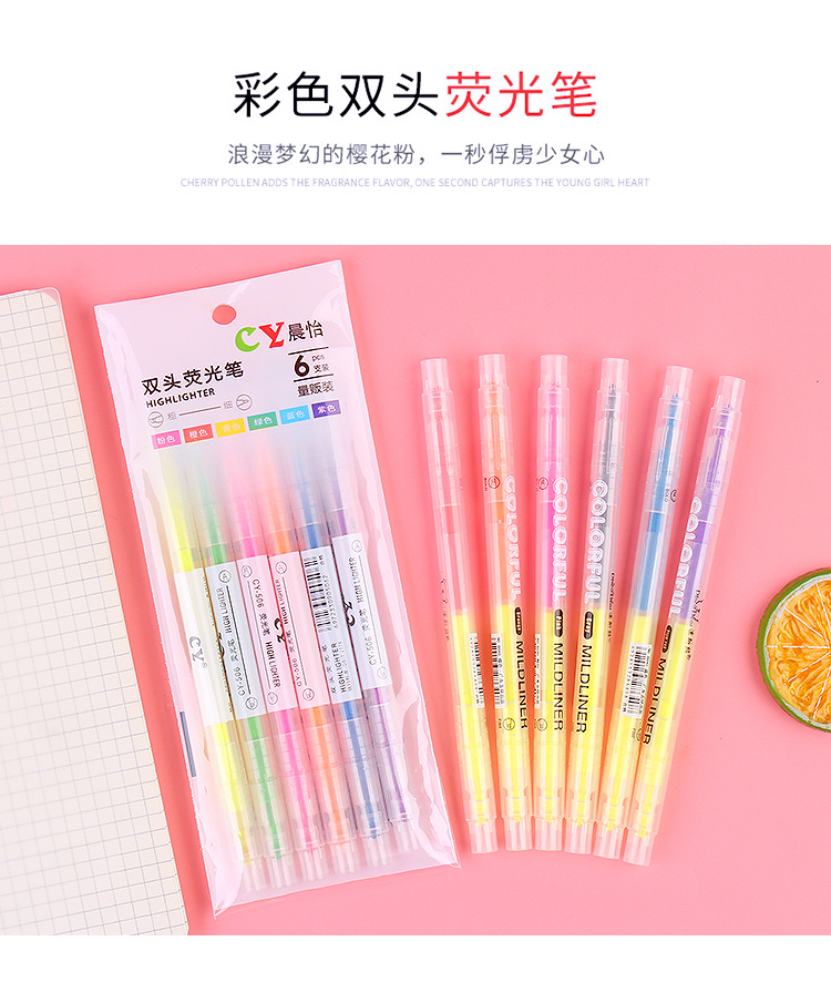 Korean Creative Double-Headed Two-Color Fluorescent Pen 6-Piece Student Stationery Sentence Marking Pen Color Oblique Head Marker