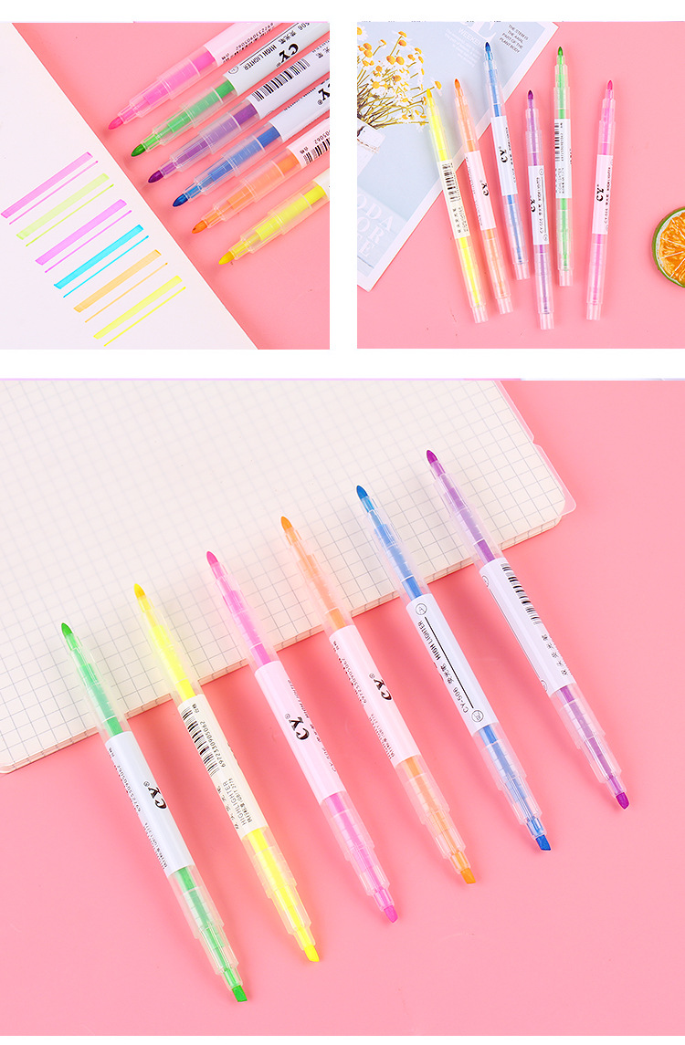 Korean Creative Double-Headed Two-Color Fluorescent Pen 6-Piece Student Stationery Sentence Marking Pen Color Oblique Head Marker