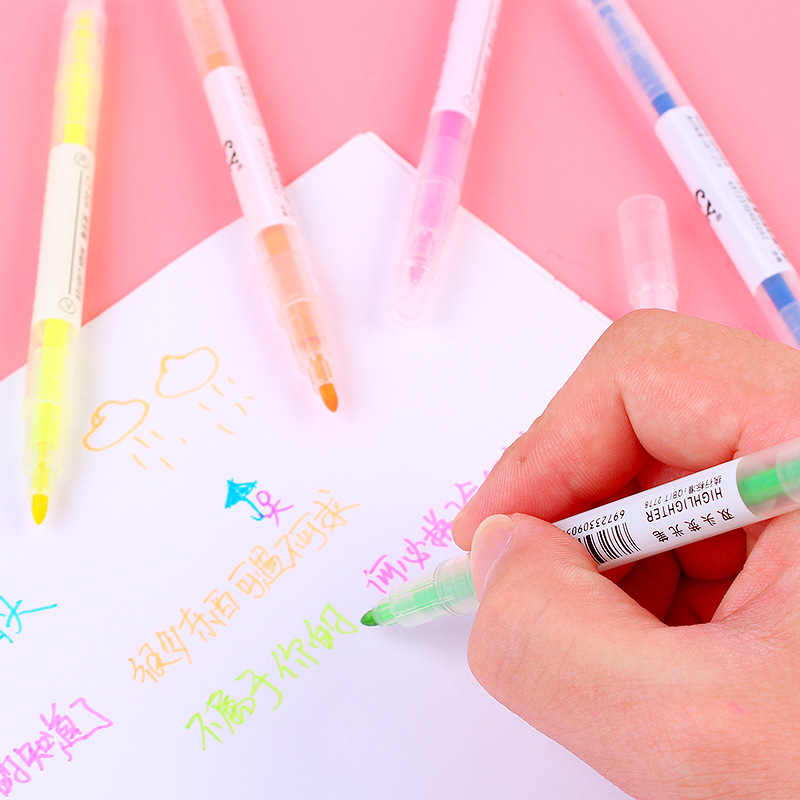 Korean Creative Double-Headed Two-Color Fluorescent Pen 6-Piece Student Stationery Sentence Marking Pen Color Oblique Head Marker