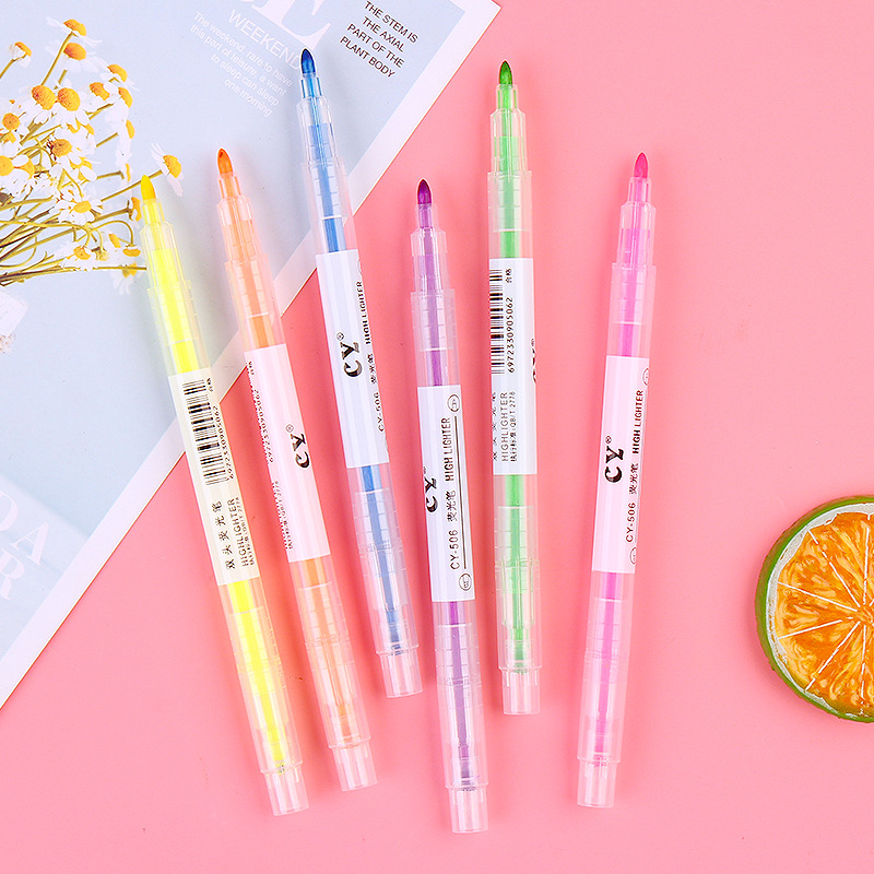 Korean Creative Double-Headed Two-Color Fluorescent Pen 6-Piece Student Stationery Sentence Marking Pen Color Oblique Head Marker
