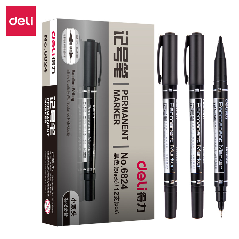 Deli 6824/6881 Oily Marking Pen Marker Double-Headed Black Thickness Marker Pen Hook Hook Line Pen Quick-Drying