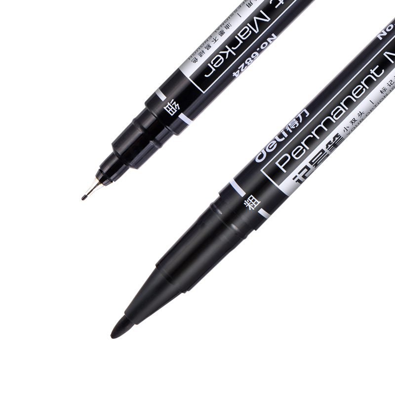 Deli 6824/6881 Oily Marking Pen Marker Double-Headed Black Thickness Marker Pen Hook Hook Line Pen Quick-Drying