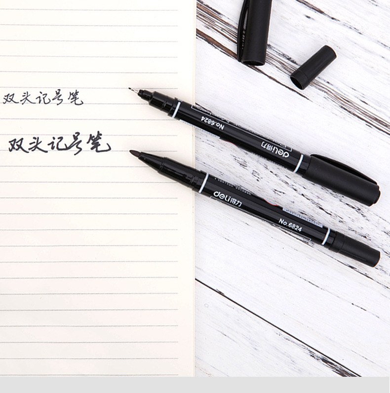 Deli 6824/6881 Oily Marking Pen Marker Double-Headed Black Thickness Marker Pen Hook Hook Line Pen Quick-Drying