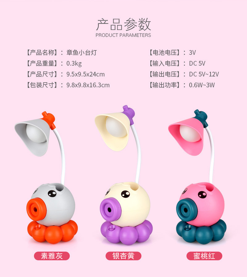 Octopus Pen Holder Pencil Sharper LED Light Children Reading Student USB Rechargeable Bedroom Desk Bedside Table Small Night Lamp