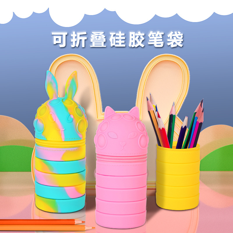 Cross-Border New Arrival Cartoon Rabbit Cat Pen Holder Children Student Stationery Box Decompression Bubble Pencil Case Deratization Pioneer