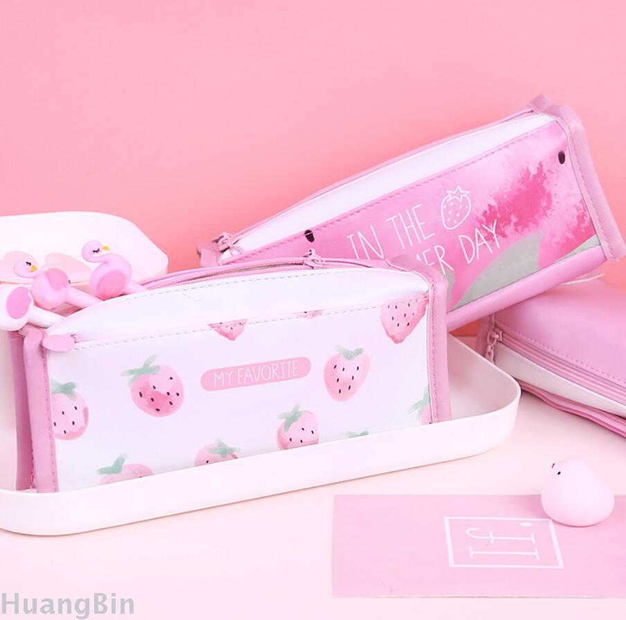 Korean creative pen bag small fresh girl powder strawberry large capacity student pen bag square stationery storage box