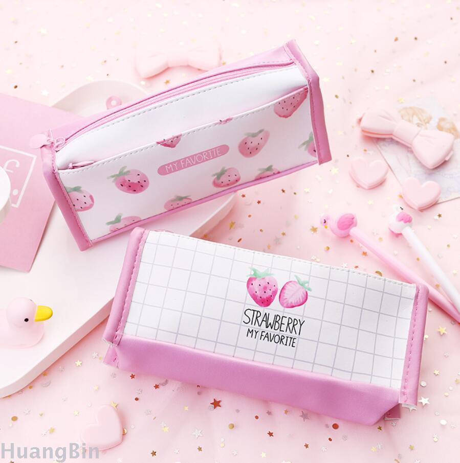 Korean creative pen bag small fresh girl powder strawberry large capacity student pen bag square stationery storage box