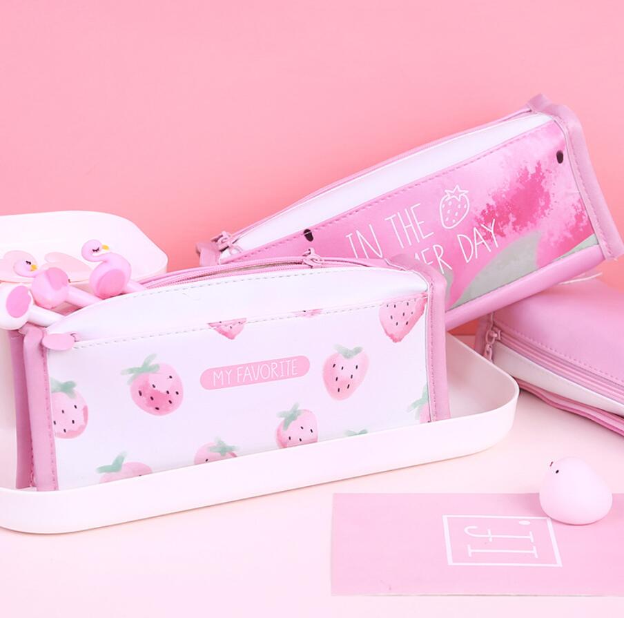 Korean creative pen bag small fresh girl powder strawberry large capacity student pen bag square stationery storage box Korean creative pen bag small fresh girl powder strawberry large capacity student pen bag square stationery storage box