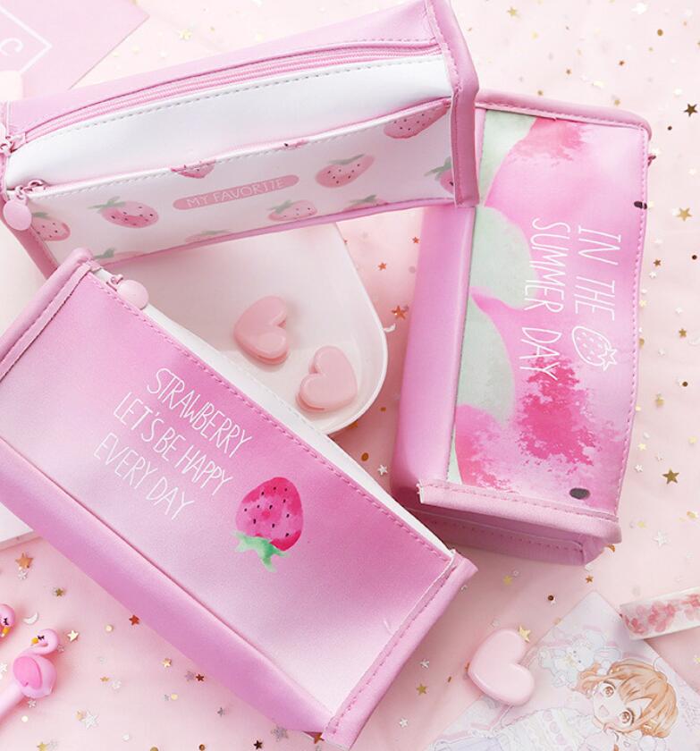 Korean creative pen bag small fresh girl powder strawberry large capacity student pen bag square stationery storage box Korean creative pen bag small fresh girl powder strawberry large capacity student pen bag square stationery storage box