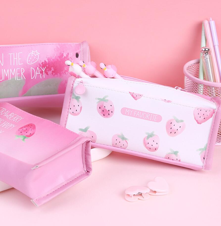Korean creative pen bag small fresh girl powder strawberry large capacity student pen bag square stationery storage box Korean creative pen bag small fresh girl powder strawberry large capacity student pen bag square stationery storage box