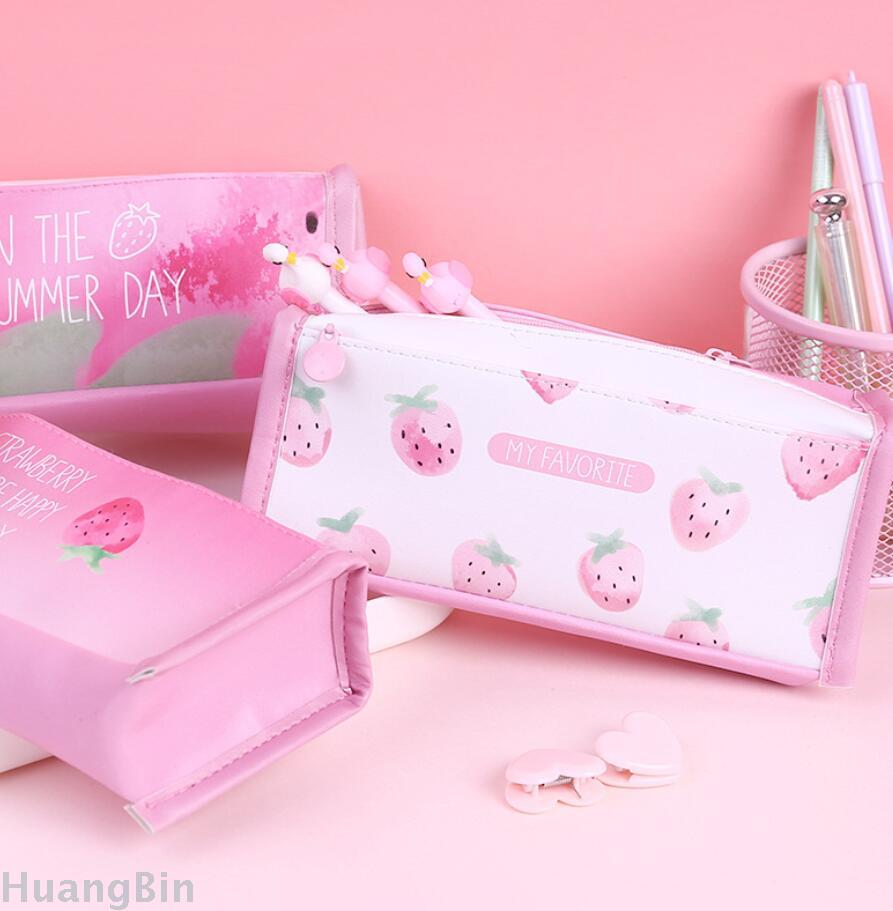 Korean creative pen bag small fresh girl powder strawberry large capacity student pen bag square stationery storage box