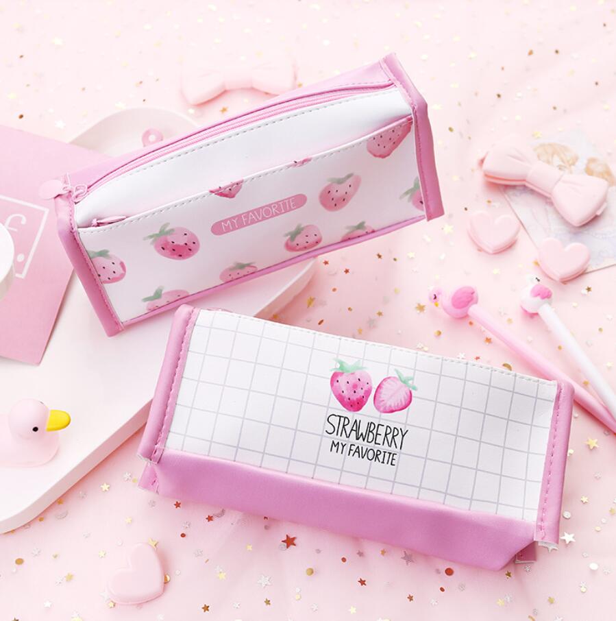 Korean creative pen bag small fresh girl powder strawberry large capacity student pen bag square stationery storage box Korean creative pen bag small fresh girl powder strawberry large capacity student pen bag square stationery storage box