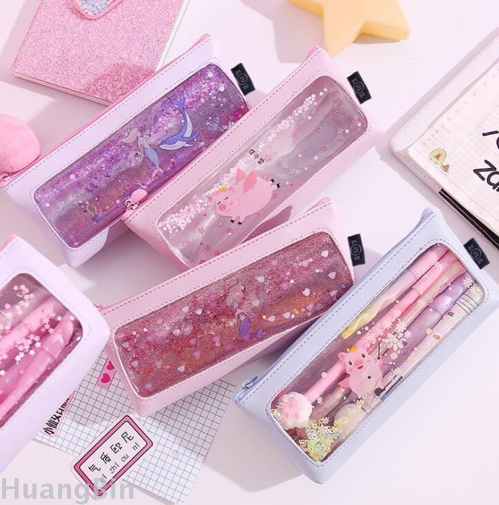 Creative  transparent pen bag quicksand simple leather small fresh students large capacity pencil case customization