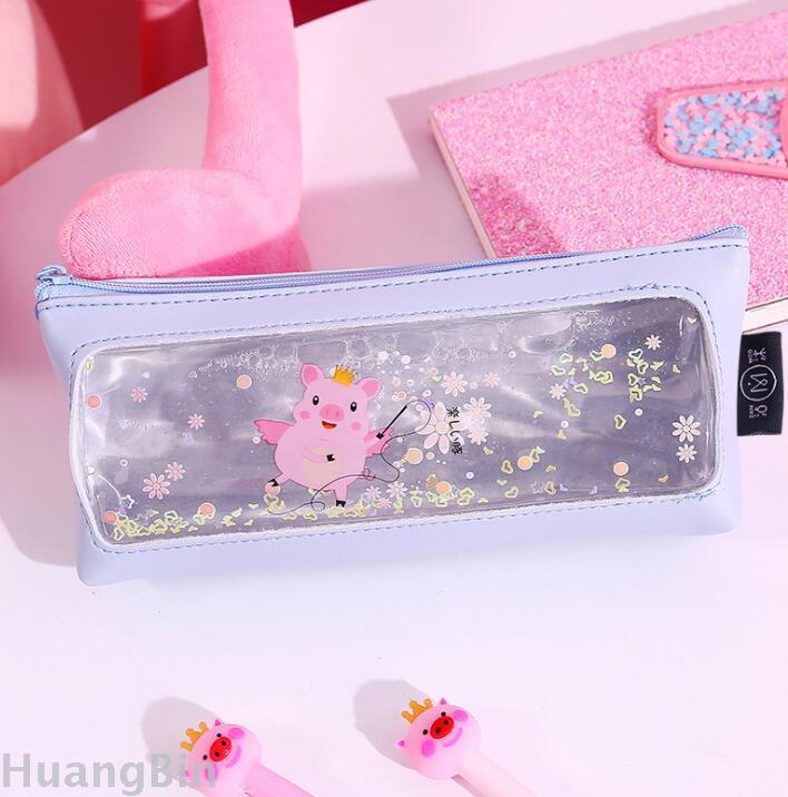Creative  transparent pen bag quicksand simple leather small fresh students large capacity pencil case customization