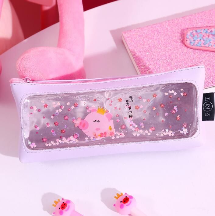 Creative transparent pen bag quicksand simple leather small fresh students large capacity pencil case customization Creative transparent pen bag quicksand simple leather small fresh students large capacity pencil case customization