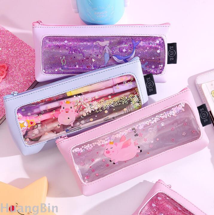 Creative  transparent pen bag quicksand simple leather small fresh students large capacity pencil case customization