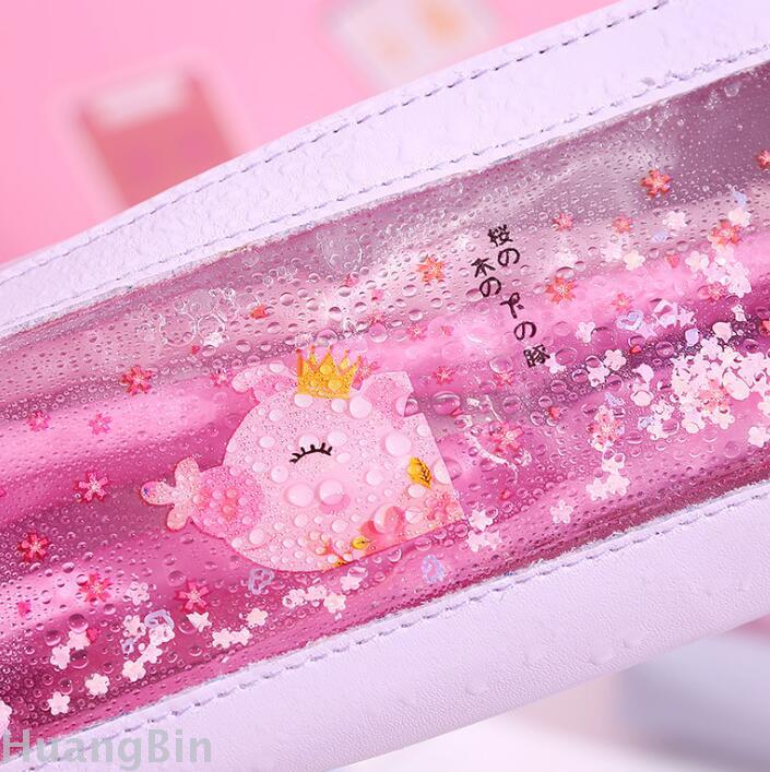 Creative  transparent pen bag quicksand simple leather small fresh students large capacity pencil case customization