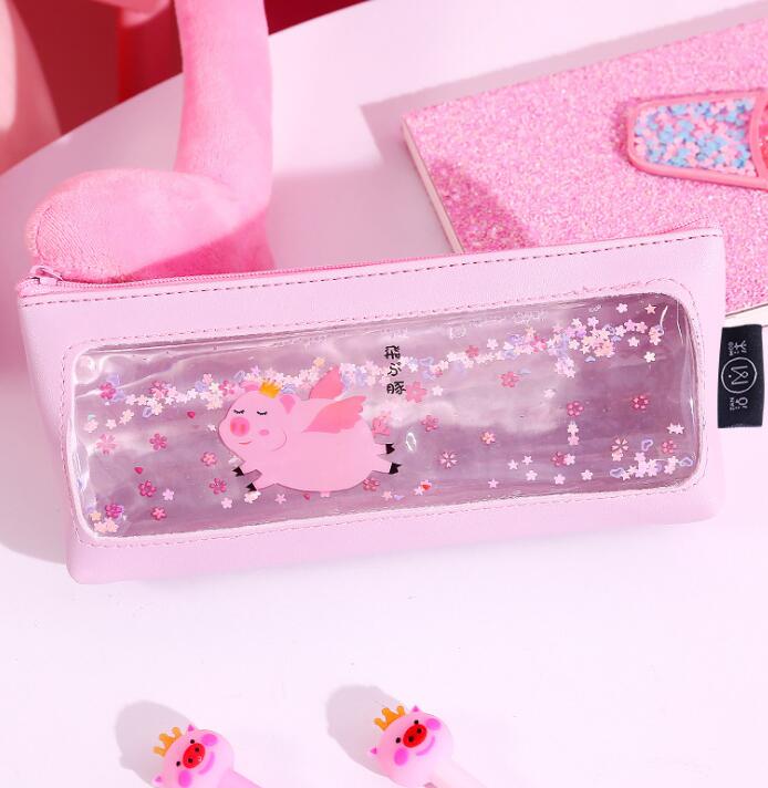 Creative transparent pen bag quicksand simple leather small fresh students large capacity pencil case customization Creative transparent pen bag quicksand simple leather small fresh students large capacity pencil case customization