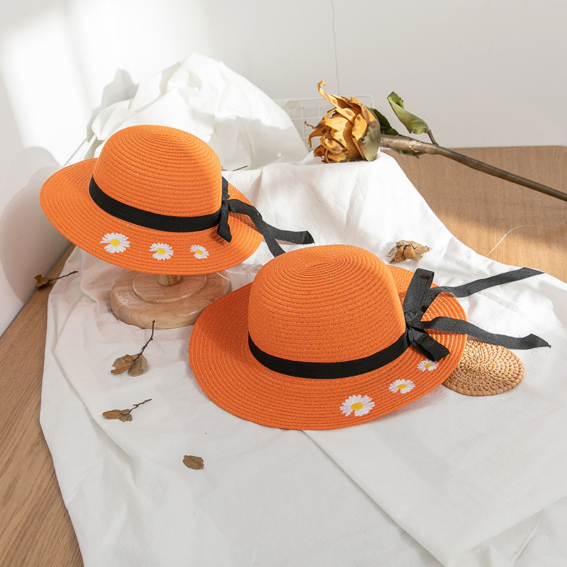 Summer Korean Style Outdoor Travel Parent-Child Big Brim Embroidered Small Chrysanthemum Bow Foldable Sun Protection Sun Shade Straw Hat for Women Summer Korean Style Outdoor Travel Parent-Child Big Brim Embroidered Small Chrysanthemum Bow Foldable Sun Protection Sun Shade Straw Hat for Women