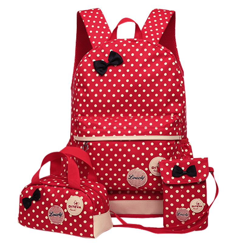 Cute Polka Dot New Casual Elementary and Middle School Student Schoolbags Korean Style Backpack Women&#039;s Burden Alleviation Backpack Pencil Case Three-Piece Set