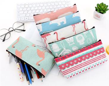 students Practical simple large capacity canvas cotton and linen Creative Cartoon Pen bag pencil stationery bag