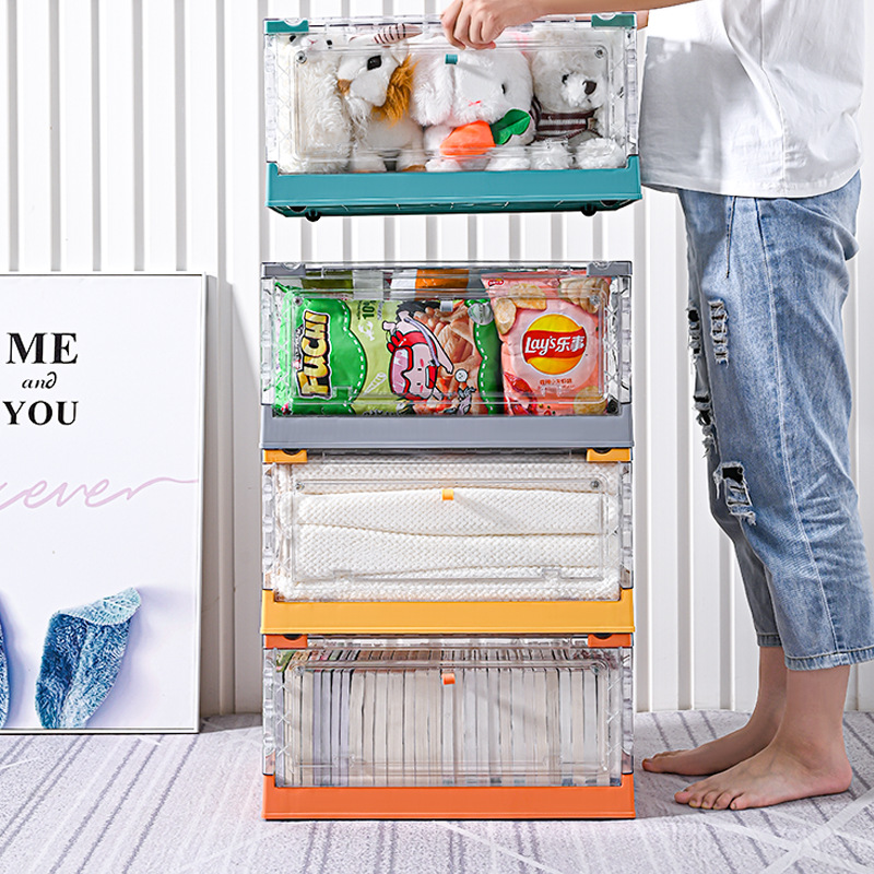 Folding Double Door Storage Box Clear with Cover Storage Box Toy Clothes Storage Box Large with Pulley Plastic Case
