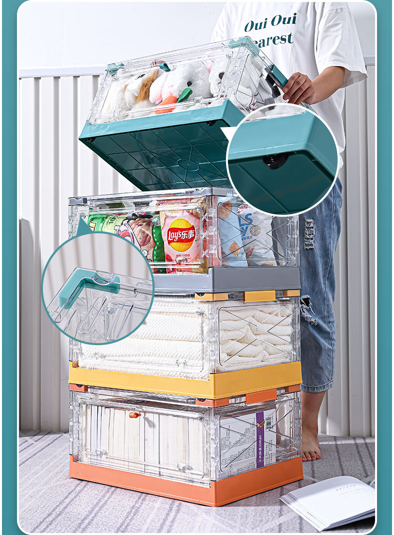 Folding Double Door Storage Box Clear with Cover Storage Box Toy Clothes Storage Box Large with Pulley Plastic Case
