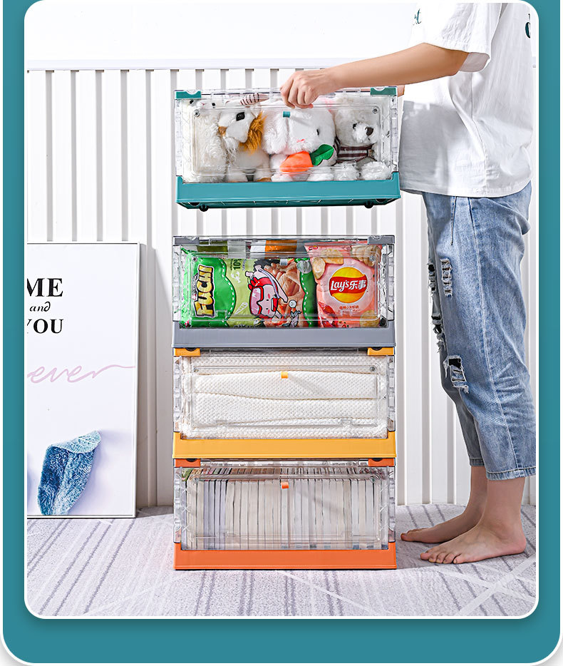 Folding Double Door Storage Box Clear with Cover Storage Box Toy Clothes Storage Box Large with Pulley Plastic Case
