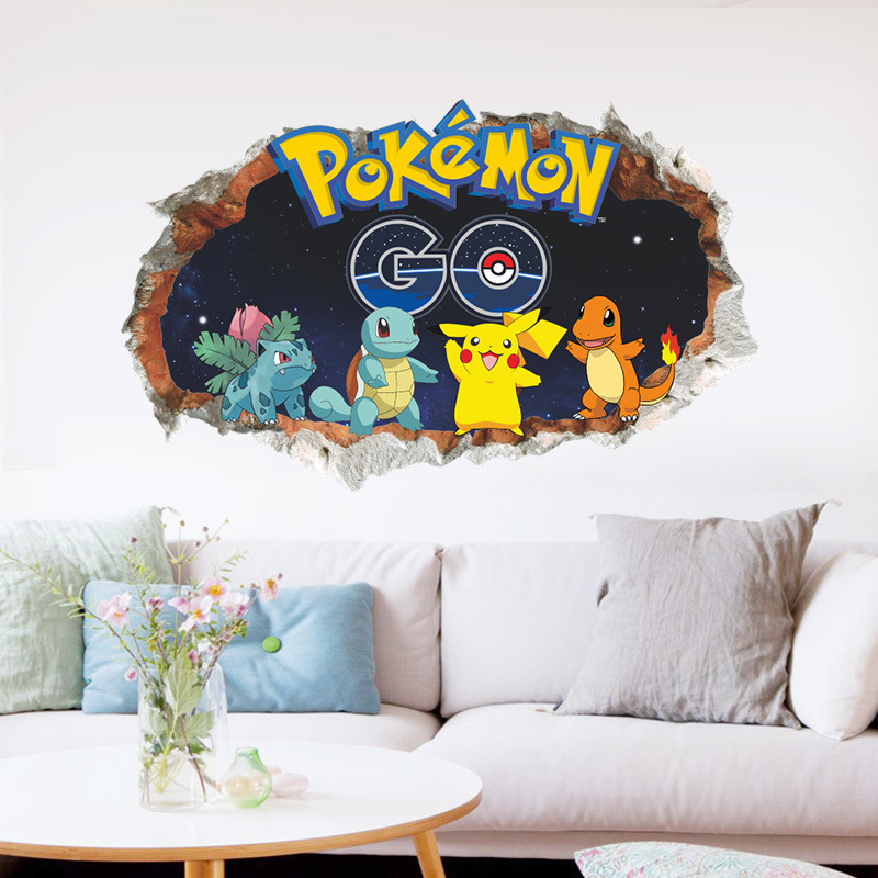 3D Broken Wall Elf Pikachu Pokemon Cartoon Children&#039;s Room Kindergarten Decoration Removable Wall Sticker