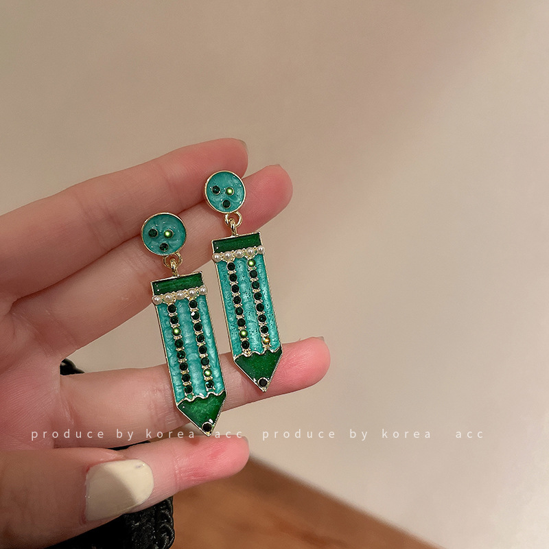 Silver Stud Rhinestone-Encrusted Pearl Personality Trendy Pencil Earrings Korean Fashion Simple Niche Earrings Internet Celebrity Vintage Earrings Women