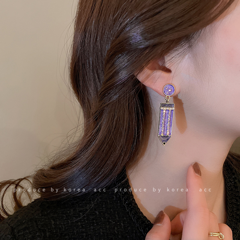 Silver Stud Rhinestone-Encrusted Pearl Personality Trendy Pencil Earrings Korean Fashion Simple Niche Earrings Internet Celebrity Vintage Earrings Women