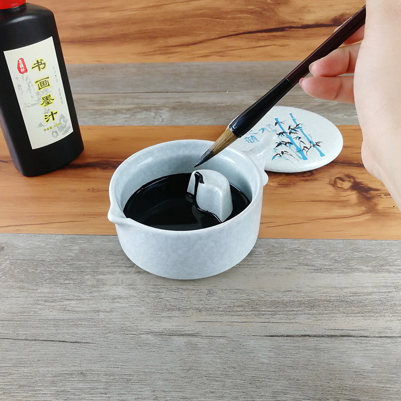 Multi-Functional Ceramic Ink Pool with Lid Calligraphy Materials Ink Storage Table Palette Multifunctional Ink Plate Pen Holder Ink Box