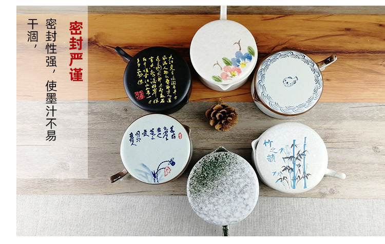 Multi-Functional Ceramic Ink Pool with Lid Calligraphy Materials Ink Storage Table Palette Multifunctional Ink Plate Pen Holder Ink Box
